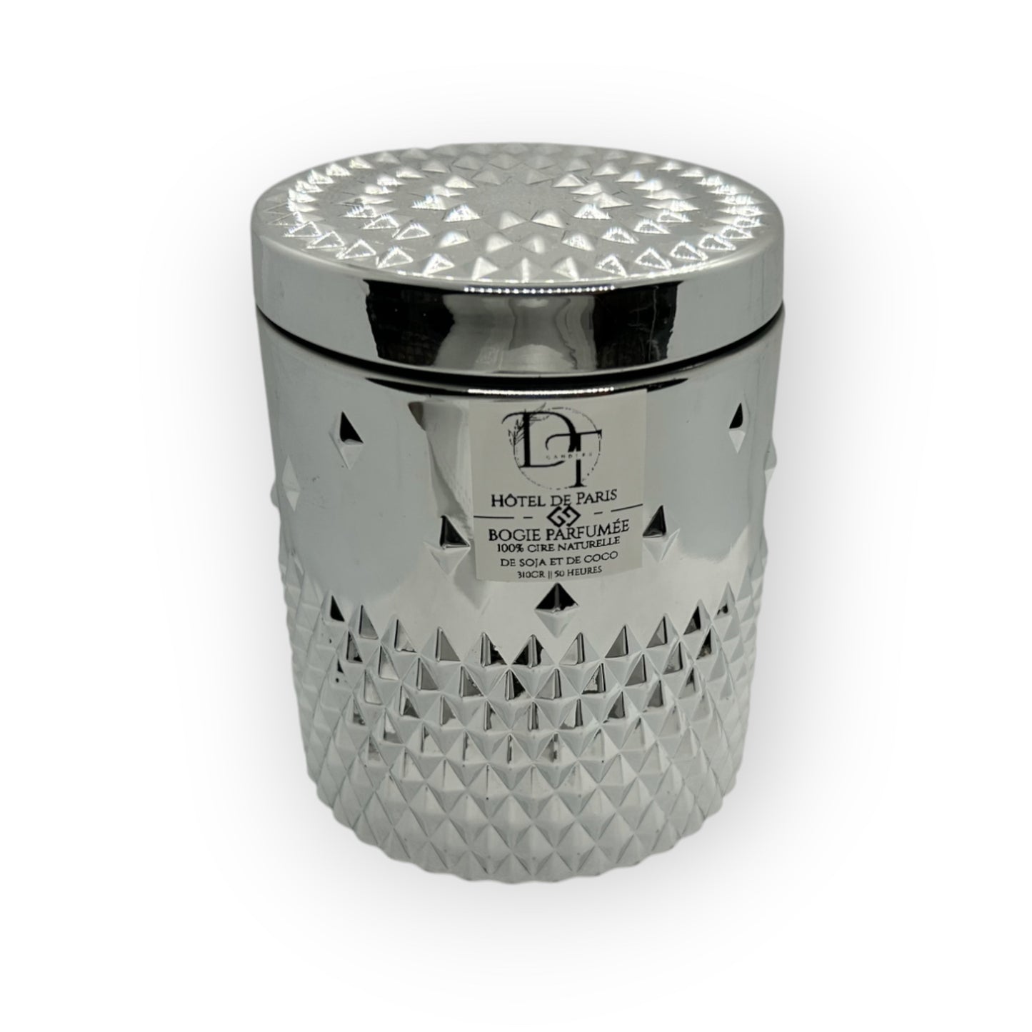 Silver textured container with patterned lid on a white background