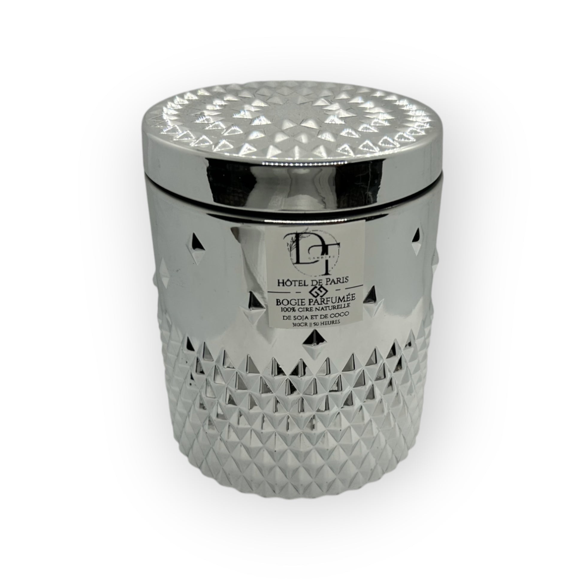 Silver textured container with patterned lid on a white background