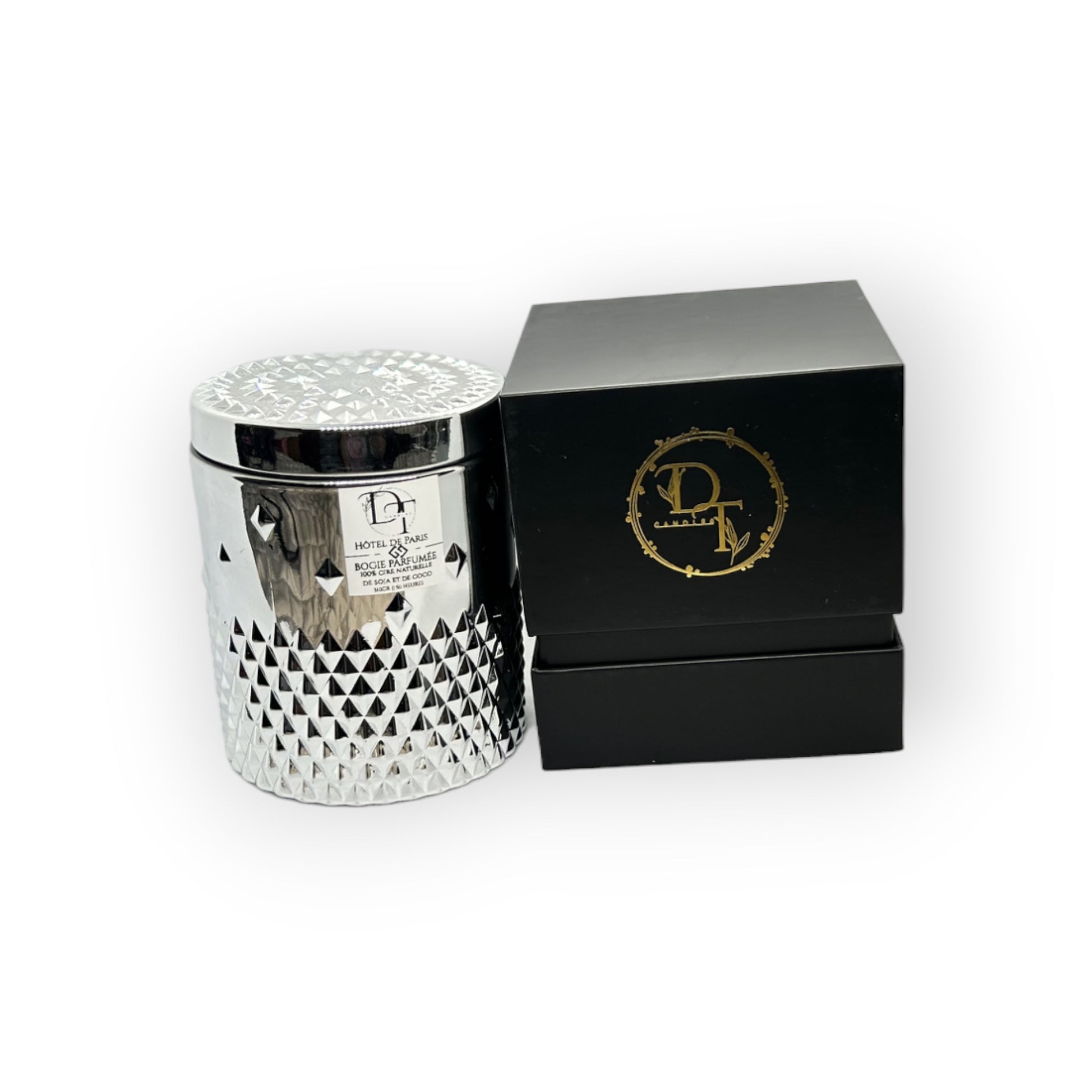 Decorative candle with textured design and black box featuring a logo on a white background