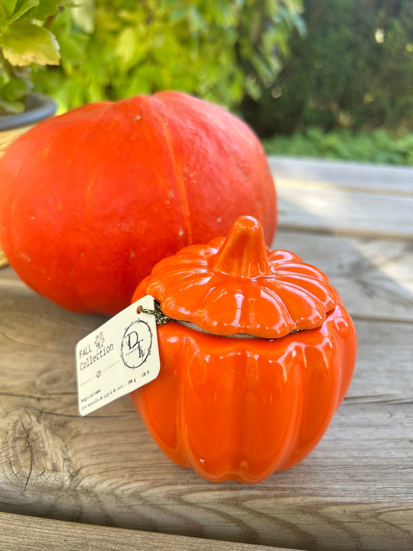 Decorative orange pumpkin-shaped container with a tag on a wooden surface