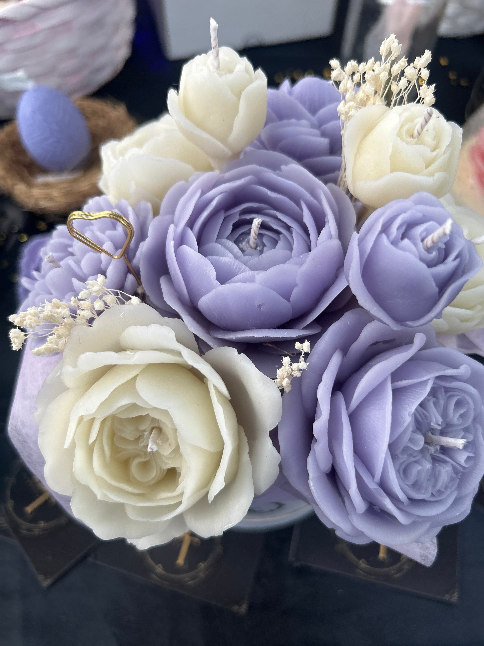 Bouquet de bougies décoratif lavande et ivoire parfum jasmin bergamote DT Candles