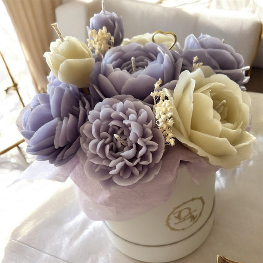Bouquet de bougies lavande et ivoire en cire d’abeille – fleurs bougies artisanales DT Candles