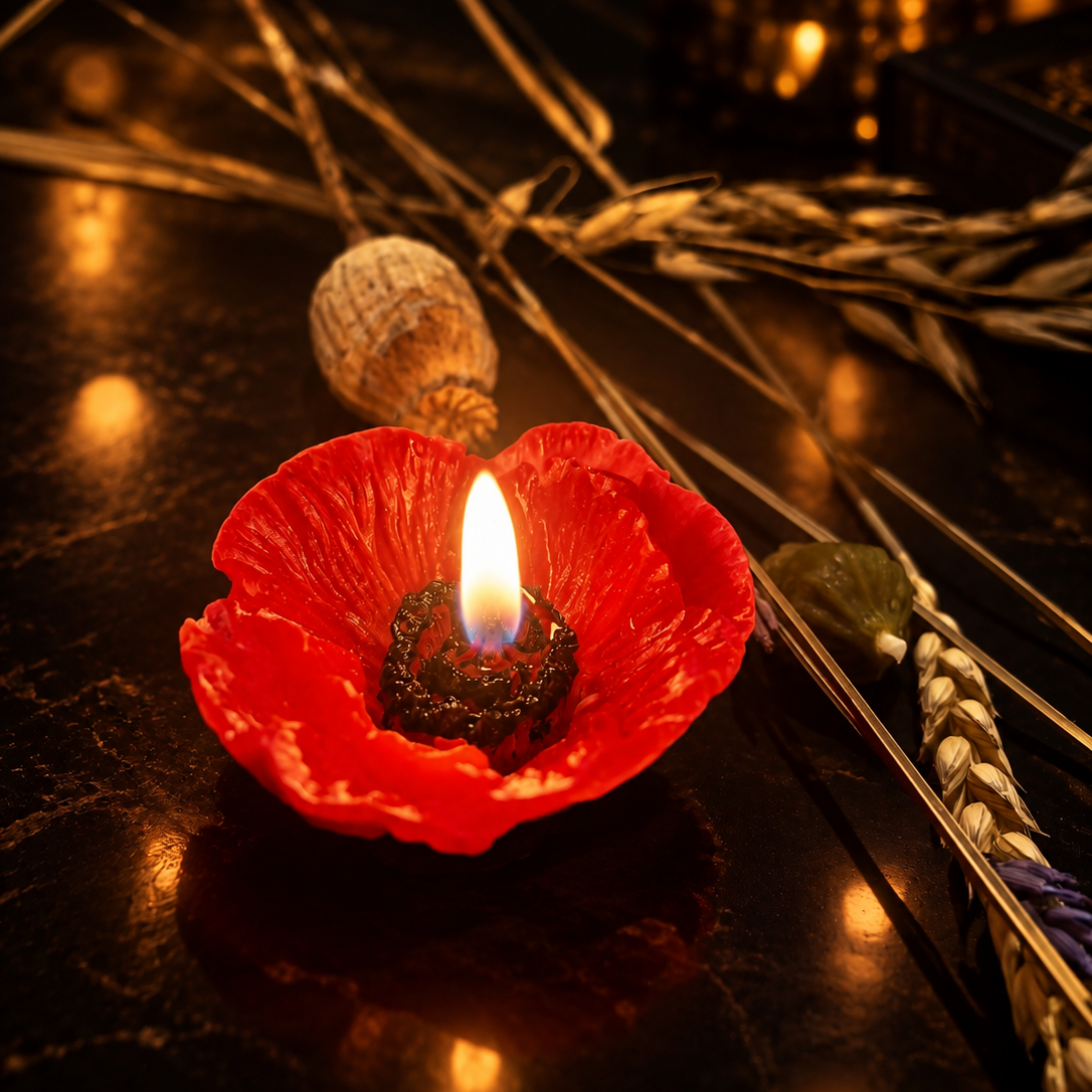 Fleur de coquelicot en cire d’abeille allumée, créant une lumière chaleureuse