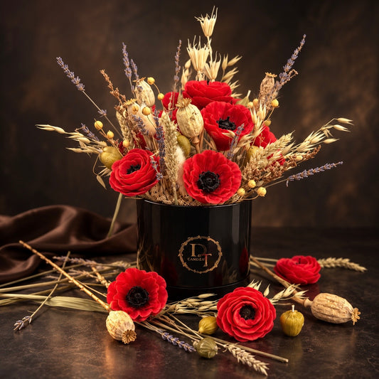 Composition Coquelicot Rouge en cire d’abeille, fleurs rouges et éléments botaniques, DT Candles