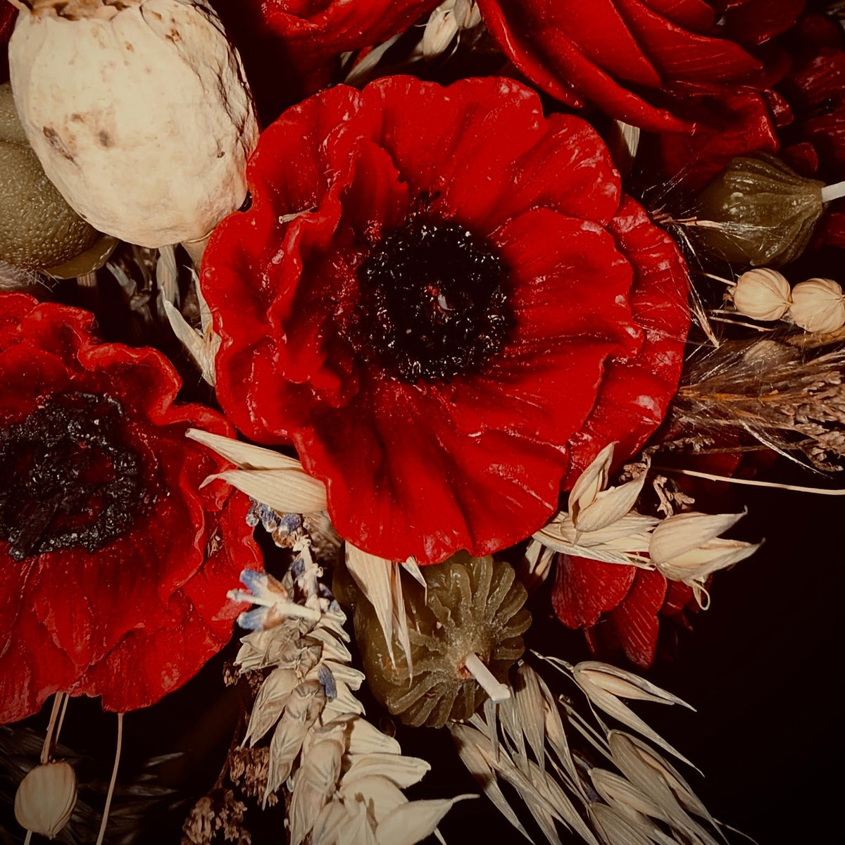Gros plan sur les coquelicots rouges en cire d’abeille et les détails botaniques de la composition
