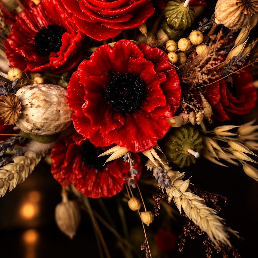 Détail de la composition Coquelicot Rouge avec fleurs en cire d’abeille, lavande et éléments naturels