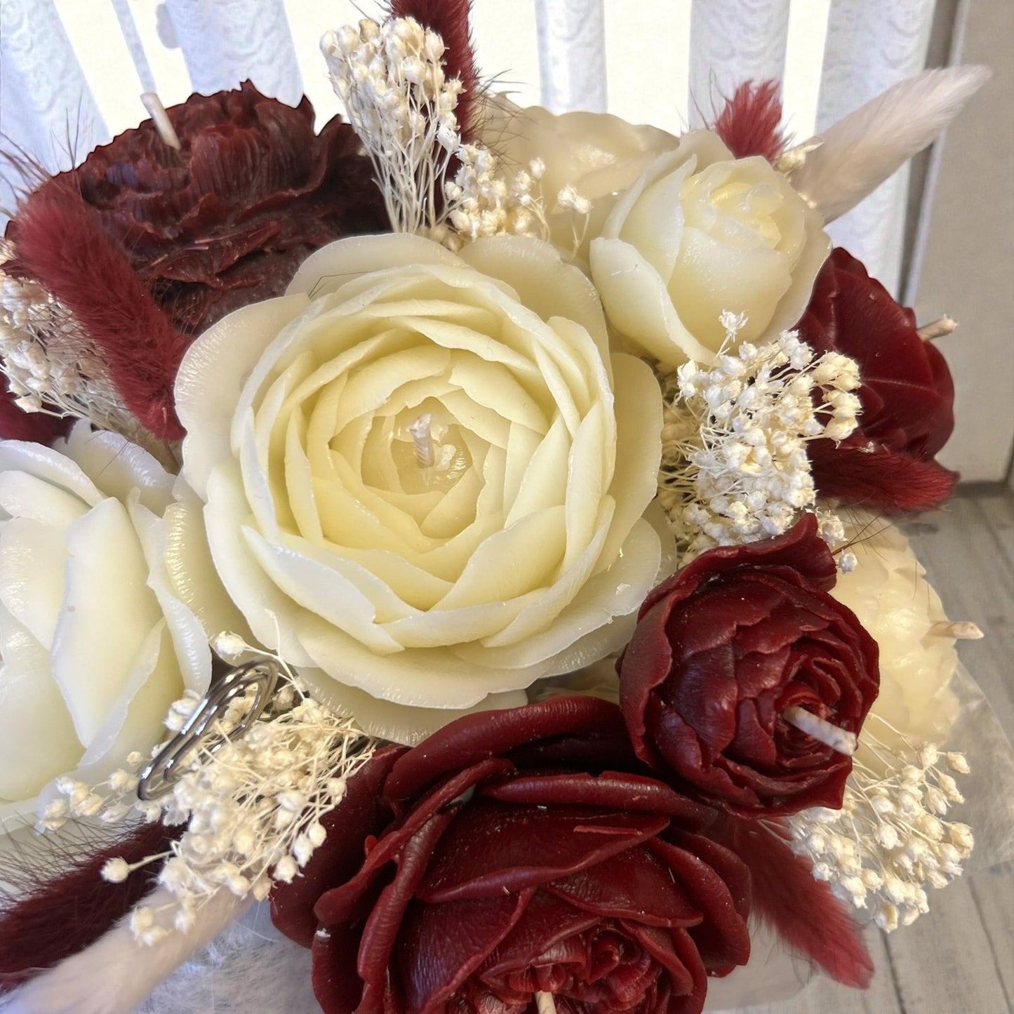 Bouquet bougie rouge et blanc en cire naturelle – décoration chaleureuse et festive
