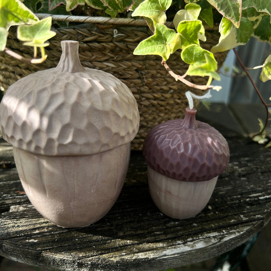 Two ceramic acorn-shaped containers on a wooden surface with greenery in the background.