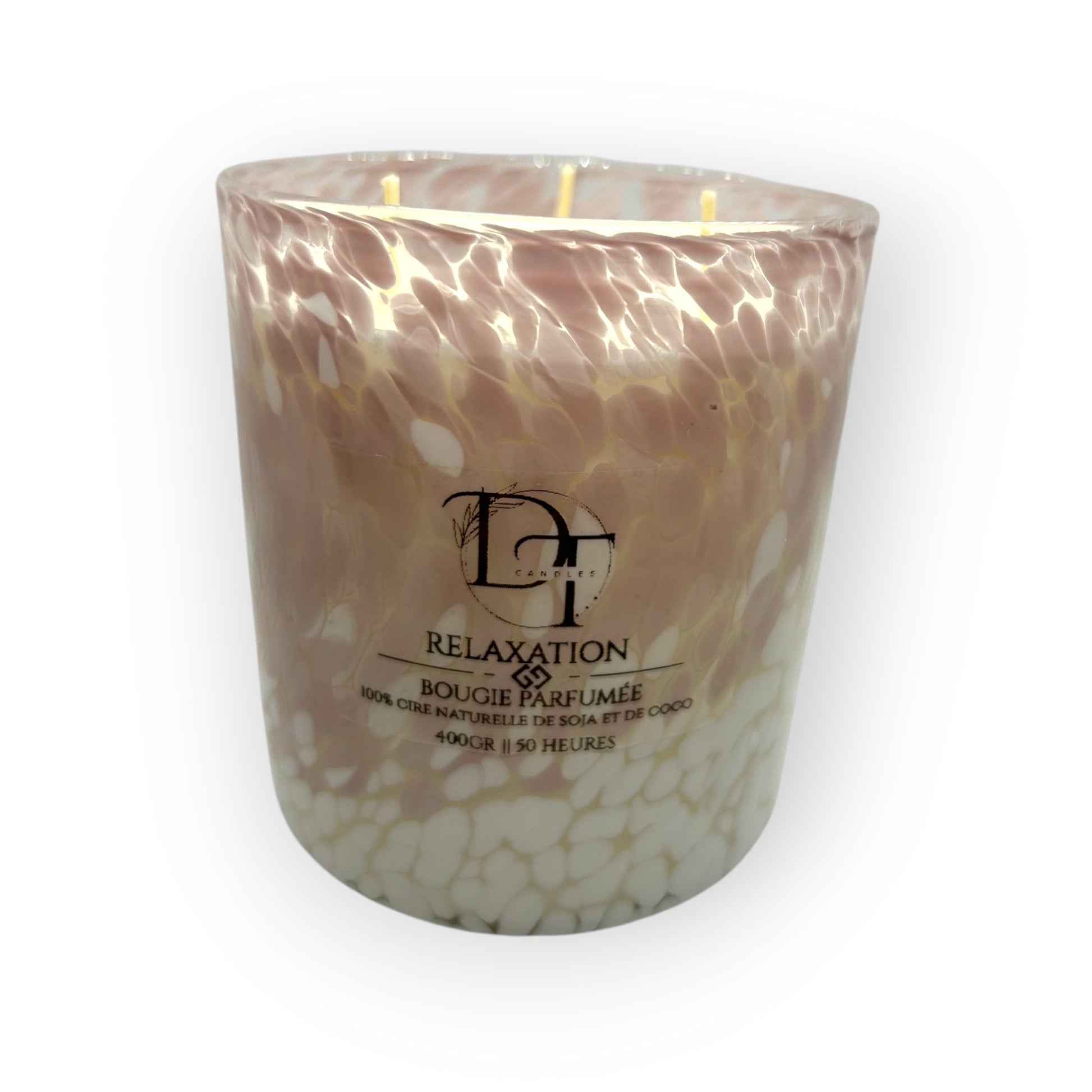 Marbled candle with a brand logo on a white background