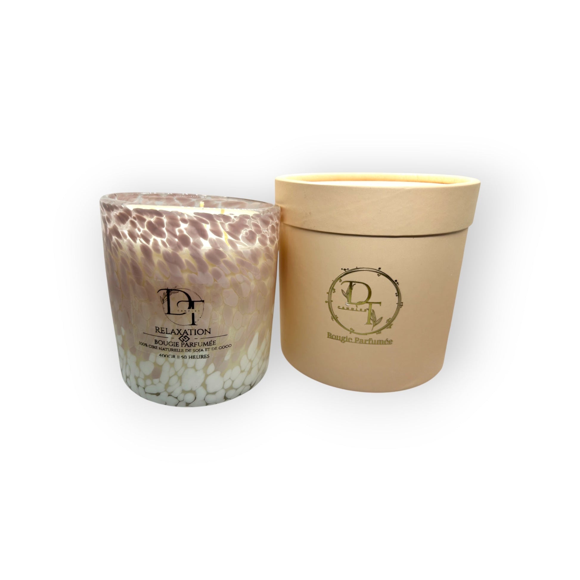 Candle and its packaging with a brand logo on a white background